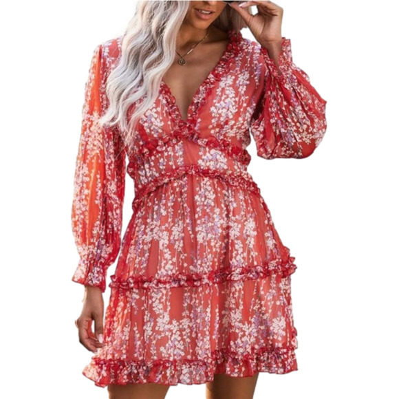 Amazon Dresses & Skirts - Womens Deep V Neck Red Ruffle Long Sleeve Floral Print Mini Dress